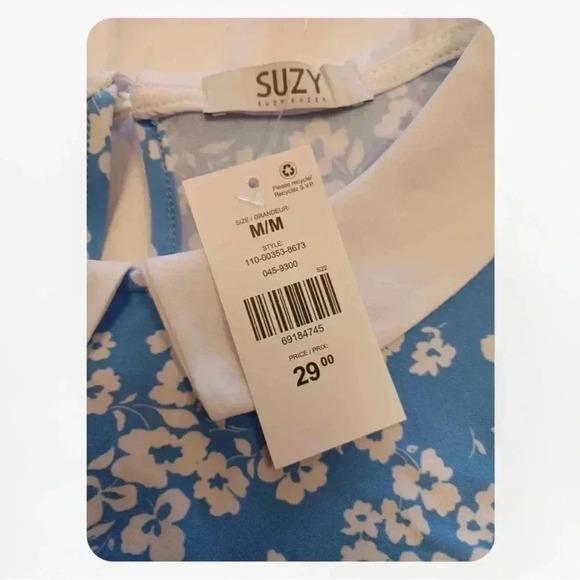 Suzy Shier Blue  Floral Short Sleeve Top Size Medium - Picture 4 of 7
